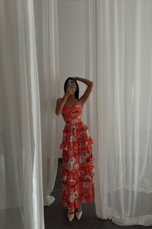 Emilie Çiçekli Straples Elbise  Mercan