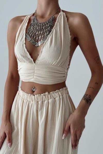 Kendra Organik Yumuşak Müslin Şalvar Crop Takım Bej