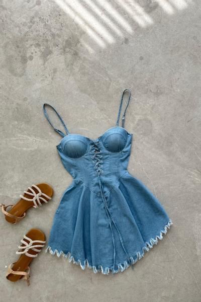 Krissia Gloplu Tensel Denim Elbise Mavi