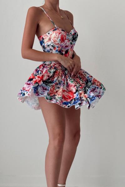 Narsie Gloplu Çiçekli Digital Baskı Elbise  Nar Çiçeği