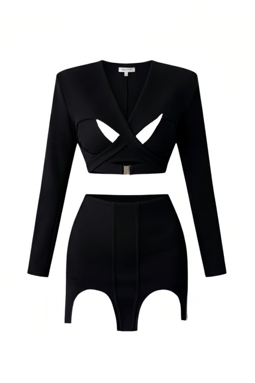 Olga vatkalı blazer + crop + etek 3 lu takim  Siyah