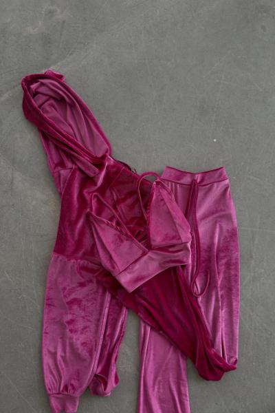 Kadife Crop + Ceket + Pantolon 3lü set Elona  Pembe