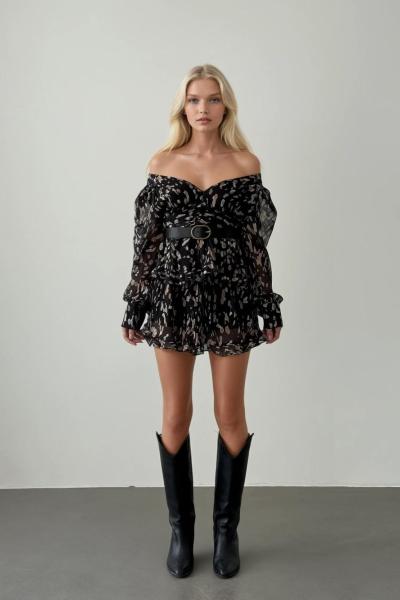 Salena Desenli Tasarım İç Astarlı Şifon Elbise Siyah