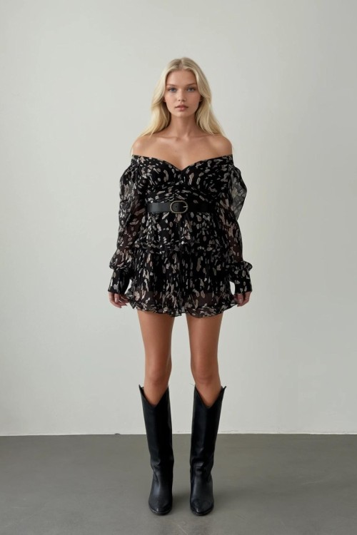 Salena Desenli Tasarım İç Astarlı Şifon Elbise Siyah