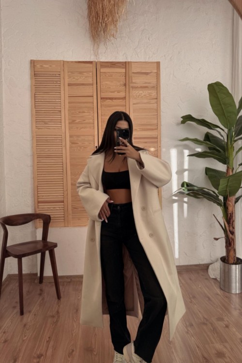 Natali Kruvaze İç Astarlı Kaşe Kaban Bej