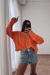 Urban Saç Örgü Efektli Crop Oversize Kazak  Turuncu