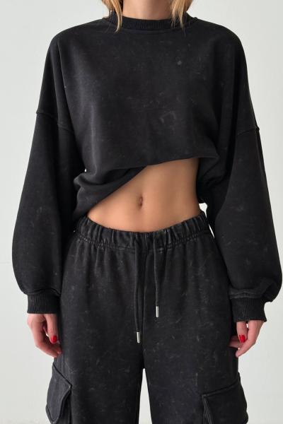 Andja Yıkamalı Kargo Cepli Alt  Tasarım Eşofman Takımı Füme