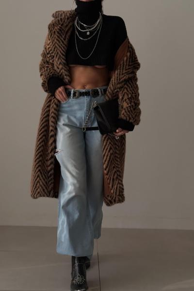 Dunja Maxi Boy Premium İthal Kürk Kaban Siyah Kahverengi