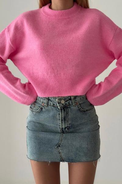 Alise Bisiklet Yaka Crop Kazak Pembe