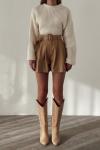 Roy Kemerli Yüksek Bel Deri Şort  Bej