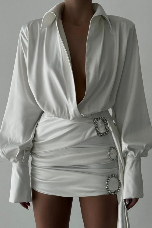 Paris Özel Dikim Hotcouture Broşlu Saten Elbise  Haki Beyaz