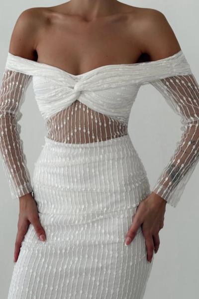 Rayner Düşük Omuz Tasarım Midi Elbise Beyaz