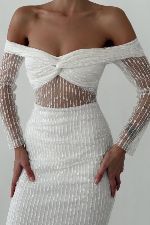 Rayner Düşük Omuz Tasarım Midi Elbise Beyaz