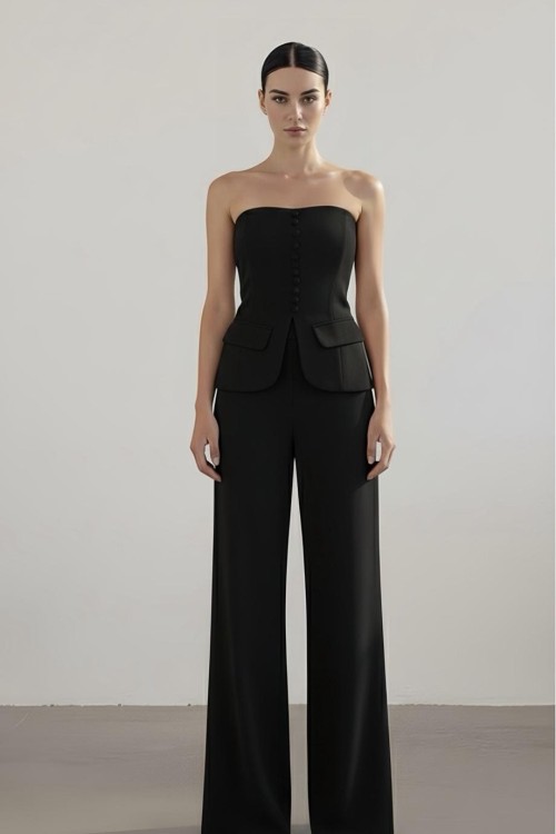 Suen Palazzo+Straplez Bluz Tasarım Takım Siyah