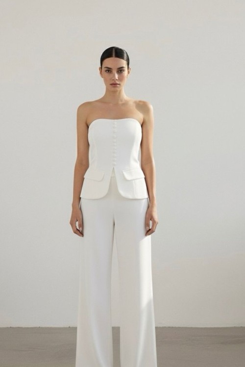 Suen Palazzo+Straplez Bluz Tasarım Takım Beyaz