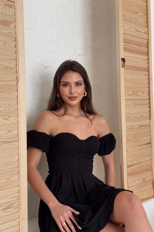 Kimberly Gloplu Balon Kol Elbise  Siyah