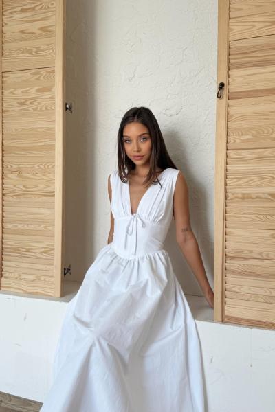 Titi Poplin Kumaş Midi Boy Elbise Beyaz