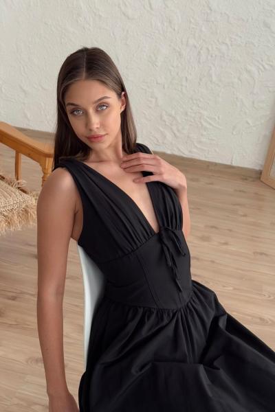 Titi Poplin Kumaş Midi Boy Elbise  Siyah