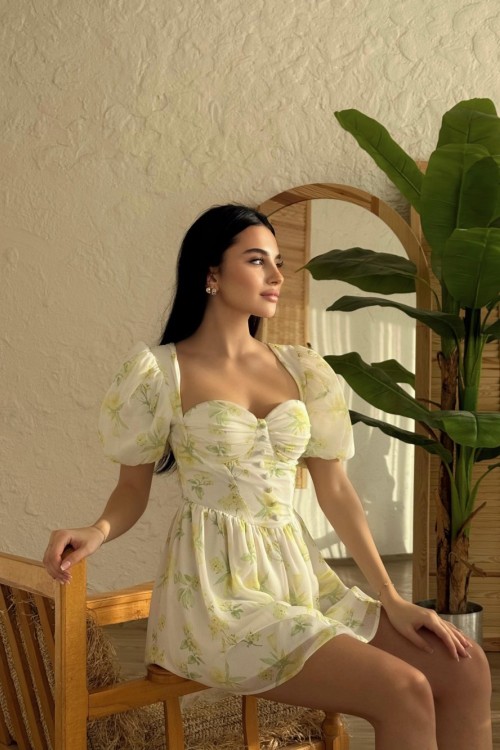 Morice Gloplu Çiçekli Elbise  Sarı