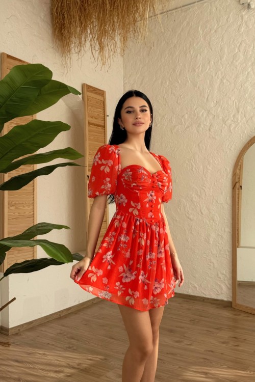 Morice Gloplu Çiçekli Elbise  Kırmızı