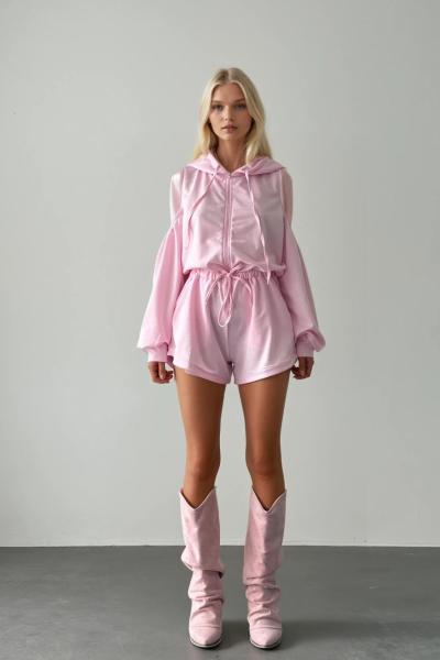 Luna Omuz Dekolteli Şortlu Tulum  Pembe