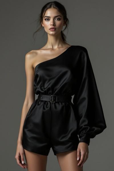 Oslo Balon Kol Kemerli Tek Kol Tulum  Siyah