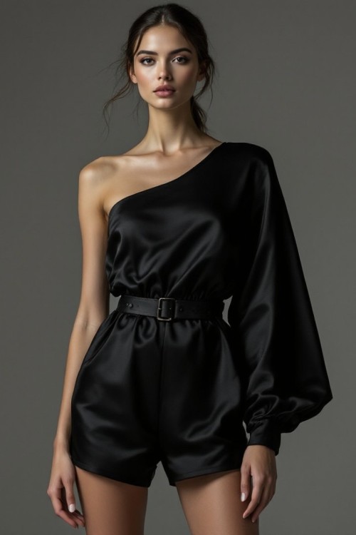 Oslo Balon Kol Kemerli Tek Kol Tulum  Siyah