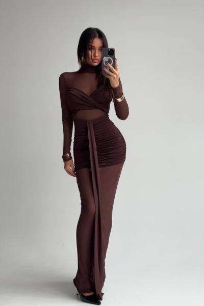 Doha Transparan Detaylı Sırt Dekolteli Tasarım Elbise  Kahverengi