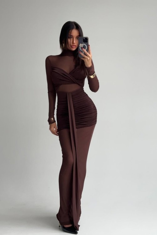 Doha Transparan Detaylı Sırt Dekolteli Tasarım Elbise  Kahverengi