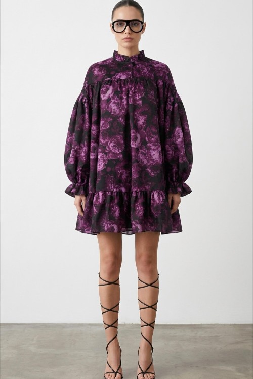 Oversize Balon Kol Premium Elbise Madrid  Mor