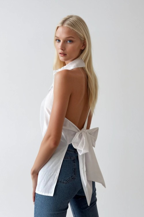 Dio Sirt Dekolteli Pamuk Gomlek Beyaz