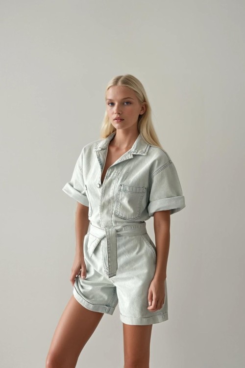 Deny Kuşaklı Şortlu Jean Tulum Açık Mavi