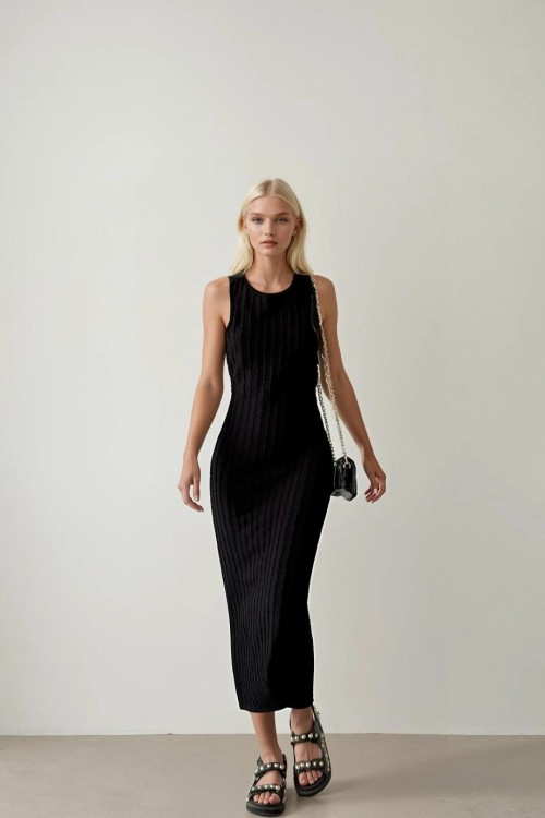 Rue Halter Triko Efekt Esnek Maxi Elbise  Siyah