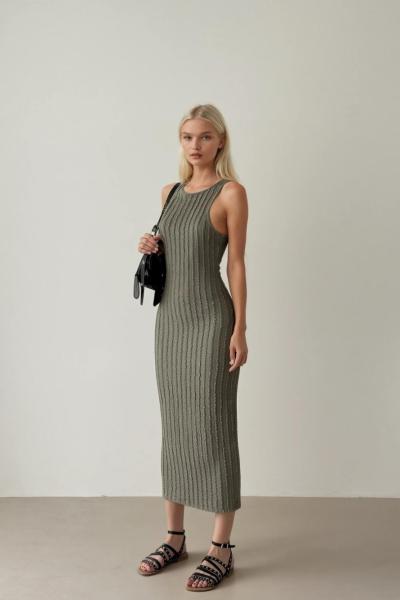 Rue Halter Triko Efekt Esnek Maxi Elbise Haki