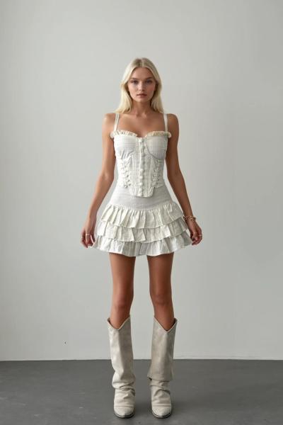 Nora Korseli Bluz + Katkat Etekli Set Ekru