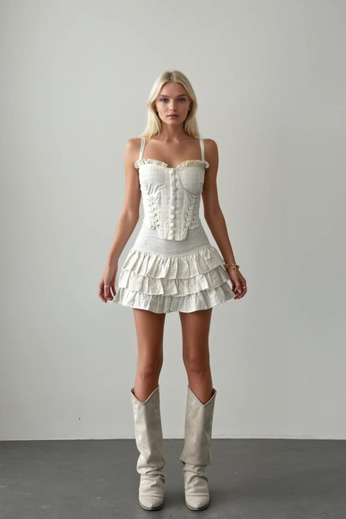 Nora Korseli Bluz + Katkat Etekli Set Ekru