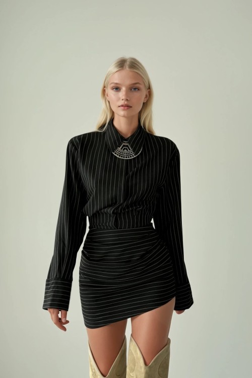 Lias Çizgili Gömlek Elbise Antrasit Antrasit