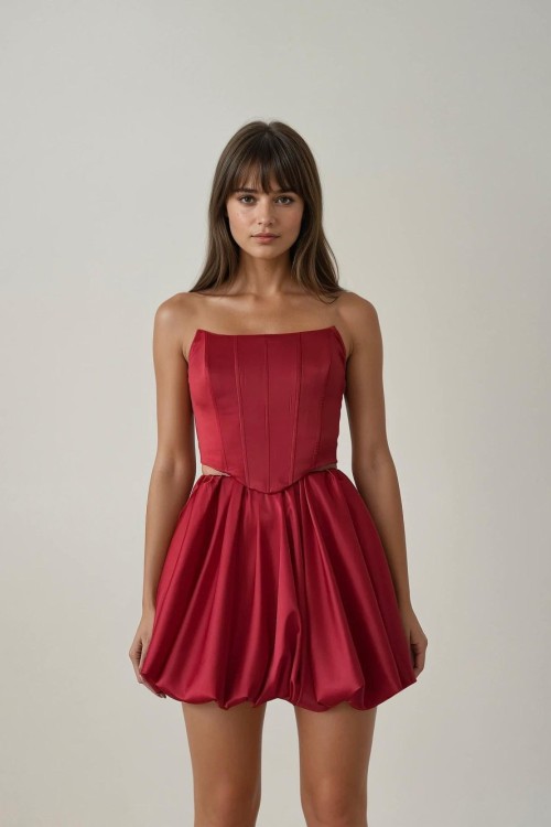 Samira Saten Balon Etek+Bluz Tasarım Takım Vişne