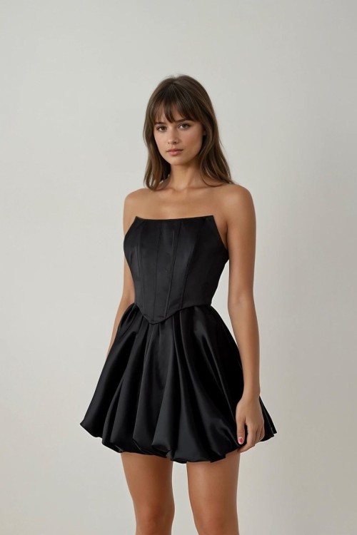 Samira Saten Balon Etek+Bluz Tasarım Takım Siyah