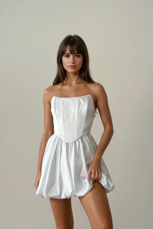 Samira Saten Balon Etek+Bluz Tasarım Takım Beyaz