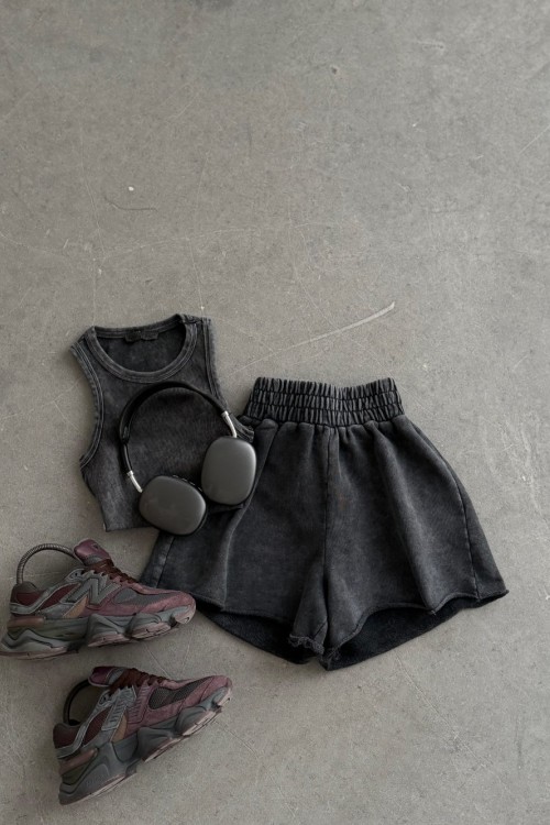 Anna 2 li Premium Yıkamalı Şortlu Set  Antrasit