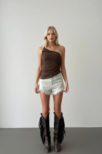 Senua Tek Askı Omuz Detay Bluz Kahverengi