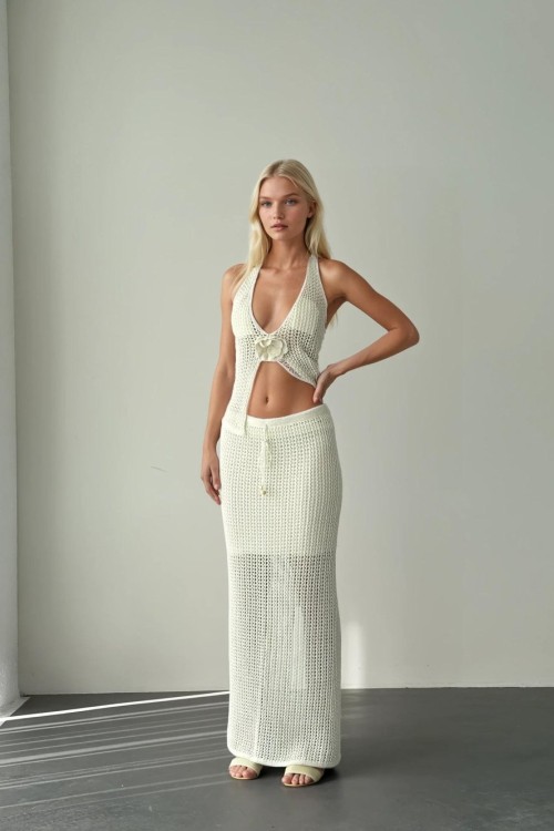 Efla Boyun Bağlamalı Triko 2 li Takım  Krem