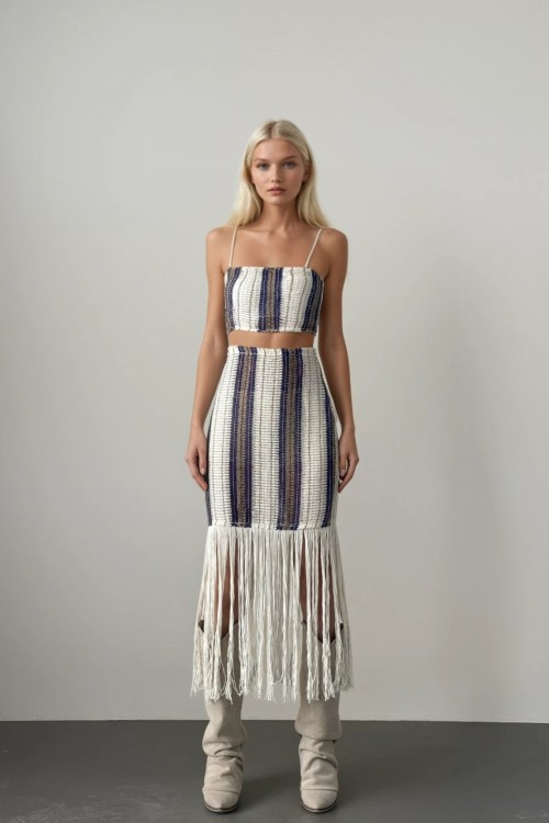 Hera Püskül Detay Örgü Etek + Büstiyer Takım Krem