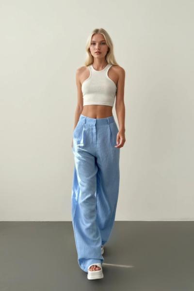 Luxe Geniş Paça Çizgi Desen Pantolon Açık Mavi