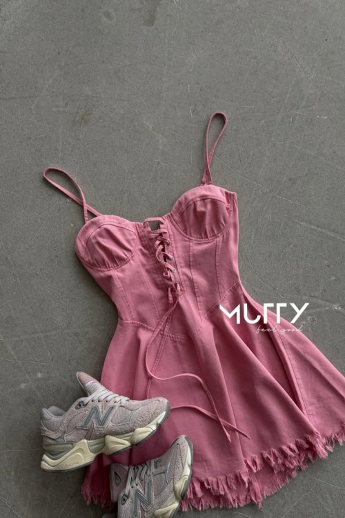 Krissia Gloplu Tensel Denim Elbise Pembe