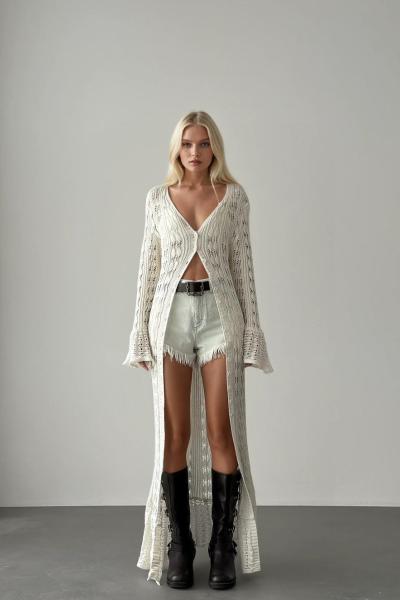 Zana Boydan Düğmeli Örgü Elbise Beyaz