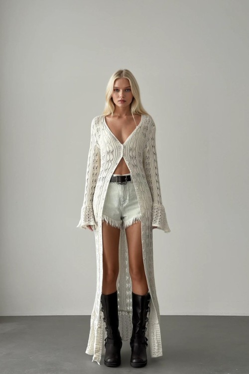 Zana Boydan Düğmeli Örgü Elbise Beyaz