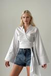 Lora Geniş Kol Çapraz Düğme Detay Ön Bağlamalı Gömlek Beyaz