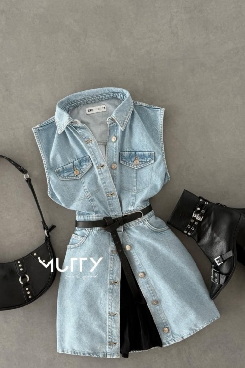 Çift Cep Denim Kot Elbise Mavi